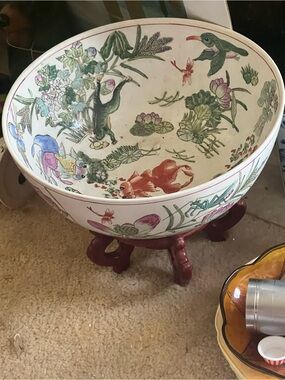 Famille Rose  large, white porcelain fish bowl Qing Dynasty reproduction